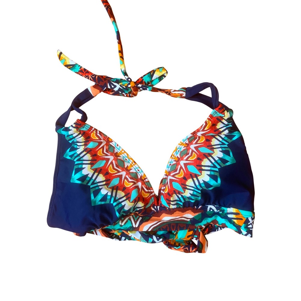 Mossimo Navy Orange Geometric Tribal Print Halter Bikini Top‎ Size Medium